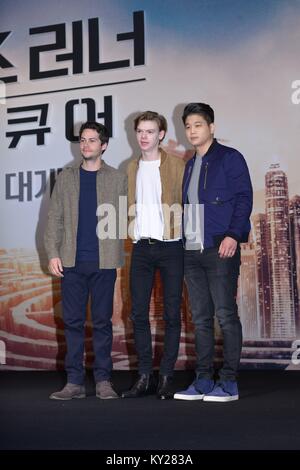 Seoul, Korea. 11th Jan, 2018. Dylan O'Brien, Thomas Brodie-Sangster and Ki Hong Lee etc. attend the production conference of The Death Cure in Seoul, Korea on 11th January, 2018.(China and Korea Rights Out) Credit: TopPhoto/Alamy Live News Stock Photo