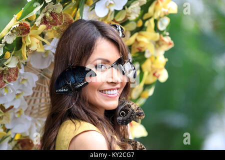 RHS Wisley Gardens, Surrey, UK. 12th Jan, 2018. Jessie Baker pictured with a floral parasol amongst the butterflies to launch the butterflies in the glasshouse exhibit at RHS Garden Wisley, Surrey which runs from 13 January - 4 March 2018   More than 50 species of exotic free-flying butterflies will inhabit the Tropical Zone of the cathedral-like Glasshouse for this eye-catching exhibit. Credit: Oliver Dixon/Alamy Live News Stock Photo