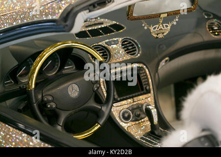 Chiba, Japan. 12th January, 2018. Car dress-up shop D.A.D displays a Mercedes-Benz SL600 decorated with Swarovski crystals at Tokyo Auto Salon 2018 on January 12, 2018, Chiba, Japan. Tokyo Auto Salon is one of the largest automobile exhibitions that showcasing the latest technological solutions and products to customize cars. The show runs from January 12 to 14 at Makuhari Messe International Convention Complex. Credit: Rodrigo Reyes Marin/AFLO/Alamy Live News Stock Photo