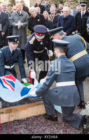 Llanystumdwy, Gwynedd, UK. 12th Jan, 2018. UK. the Lord Lieutenant of Gwynedd, Gwynedd, Edmund Bailey and Chief of the Air Staff Air Chief Marshal Sir Stephen Hillier unveil the garden at the commemoration of Prime Minister David Lloyd George's 1917 decision to create the world's first independent Air Force in 1918. Credit: Michael Gibson/Alamy Live News Stock Photo