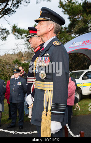 Llanystumdwy, Gwynedd, UK. 12th Jan, 2018. UK. the Lord Lieutenant of Gwynedd, Gwynedd, Edmund Bailey (L) and Chief of the Air Staff Air Chief Marshal Sir Stephen Hillier (R) at the commemoration of Prime Minister David Lloyd George's 1918 decision to create the world's first independent Air Force in 1918, which coincides with the 75th anniversary of the formation of the RAF Mountain Rescue service, at RAF Llandwrog near Caernarfon in 1943. Credit: Michael Gibson/Alamy Live News Stock Photo