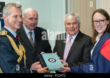 Llanystumdwy, Gwynedd, UK. 12th Jan, 2018. UK. The Chief of the Air Satff, Sir Stephen Hillier (L) presents Mr Bengy George (C) and Mr Philip George (R), with an anthology of the formation of the RAF, prepared by Dr Lyndsey Shaw (far R) as the RAF, the Lord Lieutenant of Gwynedd, Gwynedd Council and Wales Remembers commemorate Prime Minister David Lloyd George's 1917 decision to create the world's first independent Air Force in 1918. Credit: Michael Gibson/Alamy Live News Stock Photo