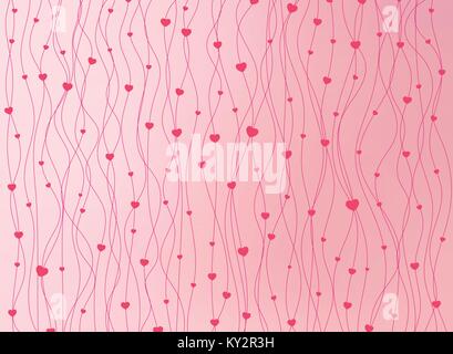 Happy valentines day. Vertical stripes pink wavy line with hearts background and texture. Vector illustration Stock Vector