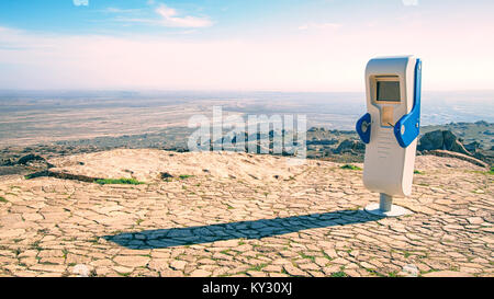 "Martian" landscape with the "robot android" in the Gobustan National Park, Azerbaijan Stock Photo