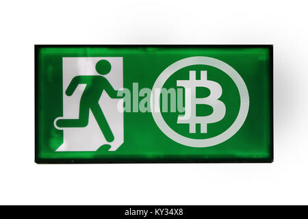 Sign with man figure running after bitcoin symbol with white background Stock Photo