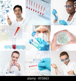 Scientists working in research facility or laboratory, set of nine pictures, including five portraits. Stock Photo