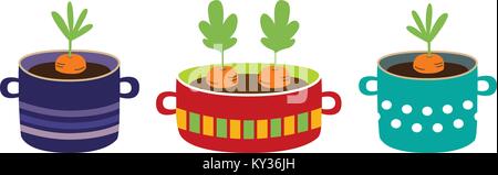 Carrots in pots, growing and cooking food vector illustration Stock Vector