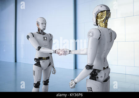3d rendering humanoid robot hand shaking with another Stock Photo