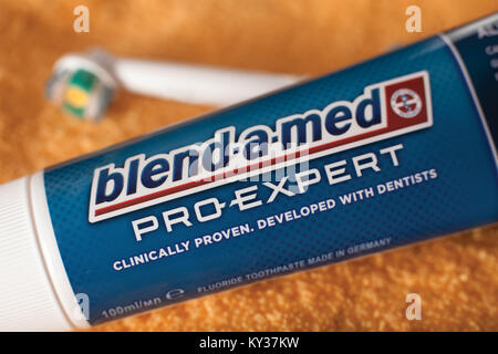 DORKOVO, BULGARIA - FEBRUARY 10, 2017:  Blend-a-med pro expert toothpaste selective focus. Stock Photo