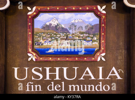 USHUAIA, ARGENTINA - APRIL 15, 2016: Ushuaia Fin Del Mundo (End Of The World) sign. Ushuaia is the capital of Tierra del Fuego province in Argentina. Stock Photo