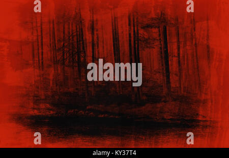 abstract horor red fores art background, vintage textured style, night evil woods Stock Photo
