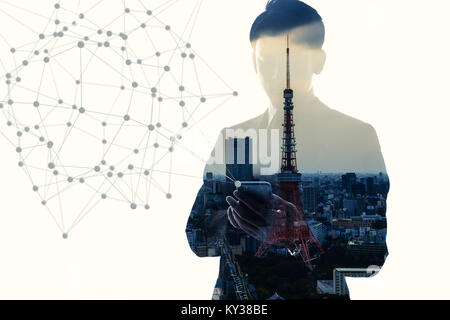 Mobile communication network concept. Abstract double exposure. Stock Photo