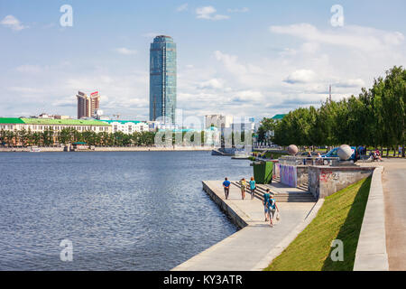 YEKATERINBURG, RUSSIA - JULY 02, 2016: Yekaterinburg city center skyline and Iset river. Ekaterinburg is the fourth largest city in Russia and the cen Stock Photo