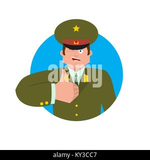 Russian Officer thumbs up and winks. Soldier happy emoji. Military in Russia Joyful. Illustration for 23 February. Defender of Fatherland Day. Army ho Stock Vector