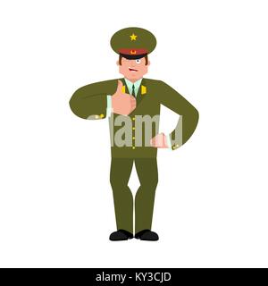 Russian Officer thumbs up and winks. Soldier happy emoji. Military in Russia Joyful. Illustration for 23 February. Defender of Fatherland Day. Army ho Stock Vector