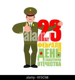 23 February. Defender of Fatherland Day. Russian Officer thumbs up and winks. Soldier happy emoji. Military in Russia Joyful. Translation text Russian Stock Vector