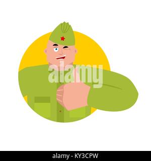 Soviet soldier thumbs up and winks. Retro Russian warrior happy. cheerful Military in Russia. Illustration for 23 February. Defender of Fatherland Day Stock Vector