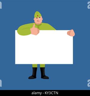 Soviet soldier holding banner blank.Retro Russian warrior and white blank. Military in Russia thumb up and winks joyful emotion. Illustration for 23 F Stock Vector