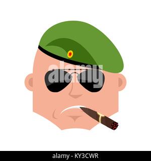 Russian soldier Cool serious avatar of emotions. Airborne troops smoking cigar emoji. Paratrooper Military in Russia strict. Illustration for 23 Febru Stock Vector