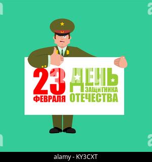 23 February. Defender of Fatherland Day. Russian Officer thumbs up and winks. Soldier happy emoji. Military in Russia Joyful. Translation text Russian Stock Vector