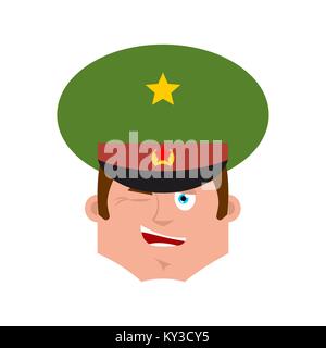 Russian Officer wink emoji. Soldier merry emotions avatar. Joyful Military in Russia. Illustration for 23 February. Defender of Fatherland Day. Army h Stock Vector