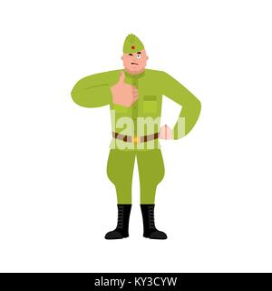 Soviet soldier thumbs up and winks. Retro Russian warrior happy. cheerful Military in Russia. Illustration for 23 February. Defender of Fatherland Day Stock Vector