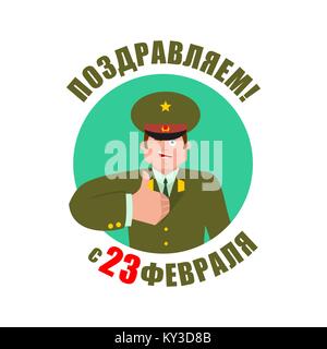 23 February. Defender of Fatherland Day. Russian Officer thumbs up and winks. Soldier happy emoji. Military in Russia Joyful. Translation text Russian Stock Vector