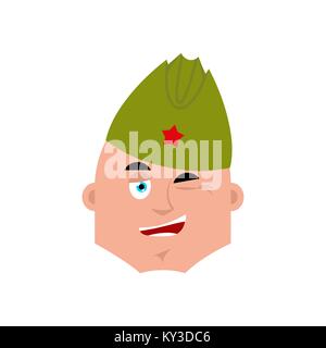 Soviet soldier wink emoji. Retro Russian warrior merry emotions avatar. Joyful Military in Russia. Illustration for 23 February. Defender of Fatherlan Stock Vector