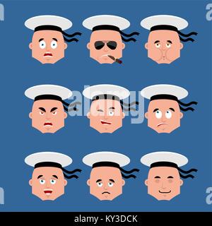 Sailor set emoji avatar. sad and angry face. guilty and sleeping. Russian soldier seafarer Smoking cigar emotion face. Sick Seaman Military in Russia. Stock Vector