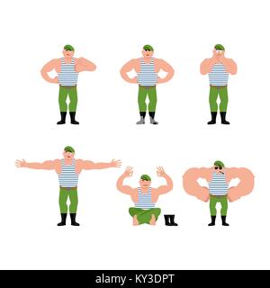 Russian soldier set poses and motion. Airborne troops happy and yoga. Paratrooper Military in Russia sleeping and angry. guilty and sad. Illustration  Stock Vector