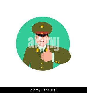 Russian Officer thumbs up and winks. Soldier happy emoji. Military in Russia Joyful. Illustration for 23 February. Defender of Fatherland Day. Army ho Stock Vector