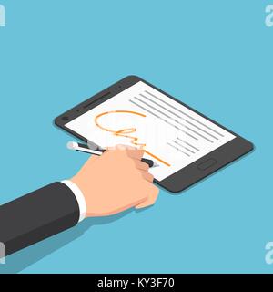 Flat 3d isometric businessman hand signing digital signature on tablet. Digital signature and e-Business concept. Stock Vector