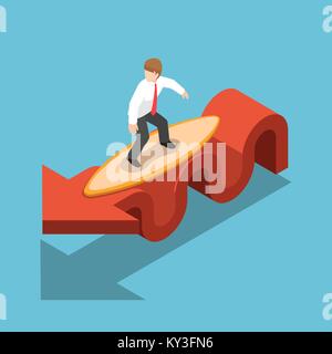 Flat 3d isometric businessman surfing with surfboard on red graph. Stock market and financial concept. Stock Vector