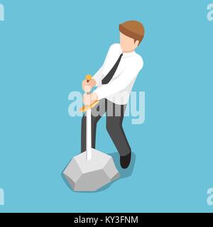 Flat 3d isometric businessman trying to pull sword from stone. Business power and leadership concept. Stock Vector