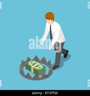 Flat 3d isometric businessman trying to take money from bear trap. Financial trap concept. Stock Vector