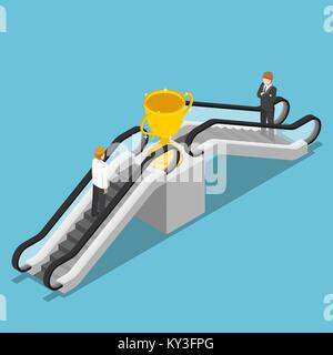 Flat 3d isometric businessman use an escalator to reach winner trophy. Shortcut to business success concept. Stock Vector
