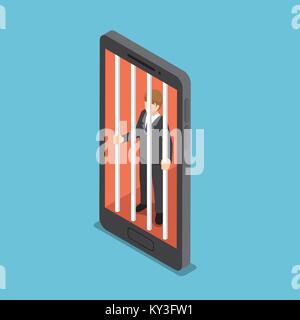 Flat 3d isometric businessmen are trapped in a smartphone cage. Smartphone addiction concept. Stock Vector