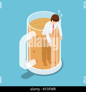 Flat 3d isometric drunk businessman in beer mug. Party and relax concept. Stock Vector