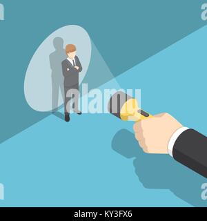 Flat 3d isometric hand pointing flashlight at businessman. Human resources and recruitment concept. Stock Vector