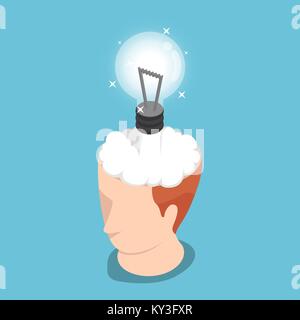 Flat 3d isometric idea rocket launching from businessman head. Idea explosion concept. Stock Vector