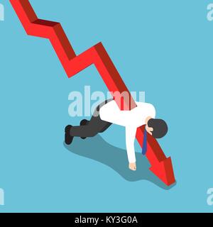 Flat 3d isometric red falling graph stabbed through businessman. Bankruptcy and financial concept. Stock Vector