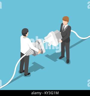 Flat 3d isometric two businessmen connecting plug together. Business connection concept. Stock Vector