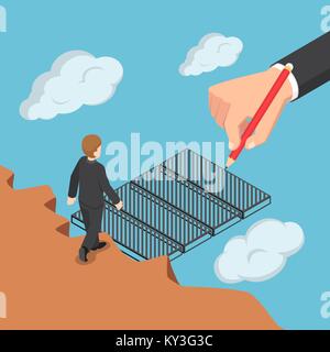 Flat 3d isometric big business hand drawing the bridge to help businessman across the gap. Business help and support concept. Stock Vector