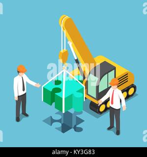 Flat 3d isometric businessman assembling last piece of jigsaw puzzle. Business solution concept. Stock Vector