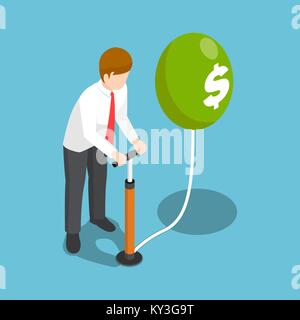Flat 3d isometric businessman blowing a dollar balloon by air pump. Inflation money and financial concept. Stock Vector