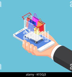 Flat 3d isometric businessman hand with shopping bag and cart on smartphone. Online shopping concept. Stock Vector