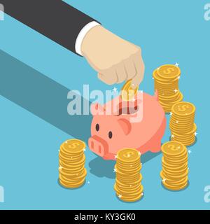 Flat 3d isometric businessman hand putting dollar coin into piggy bank. Financial and money saving concept.