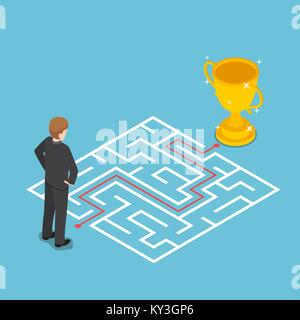 Flat 3d isometric businessman looking at maze with solution. Business solution concept. Stock Vector