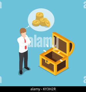 Flat 3d isometric businessman standing in front of empty treasure box. Business financial concept. Stock Vector