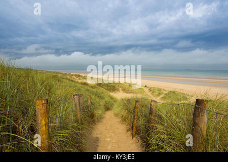 Sangatte - Bleriot Plage (northern France): path in the middle of dunes leading to the beach, under a stormy sky Stock Photo